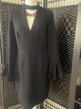 Vince Camuto Black Long Sleeve Dress with Fluted Cuffs and Choker Detail